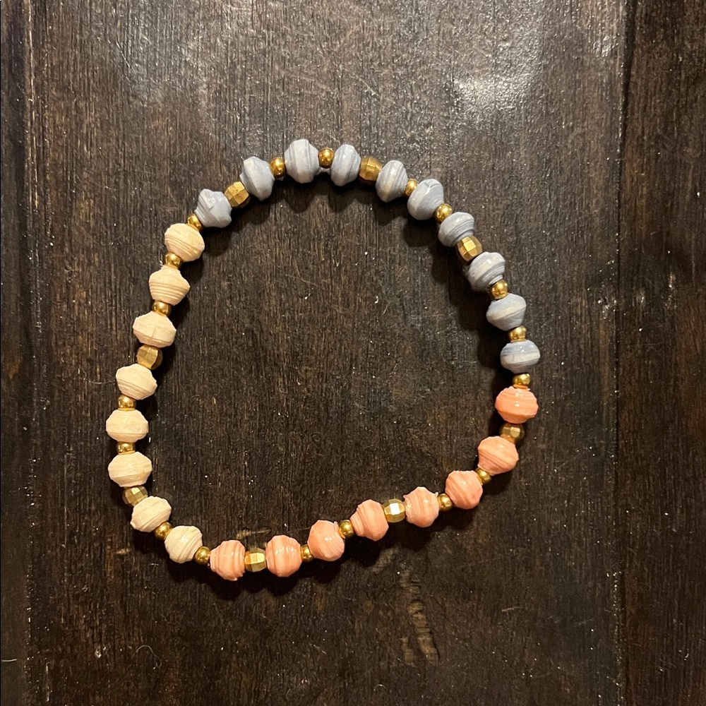 Handcrafted Rose, Cream & Blue Paper Beaded Stretch Bracelet